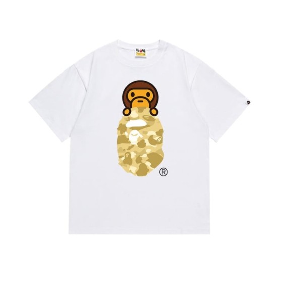 White BAPE T-Shirt with Beige Camo Ape Head and Baby Milo